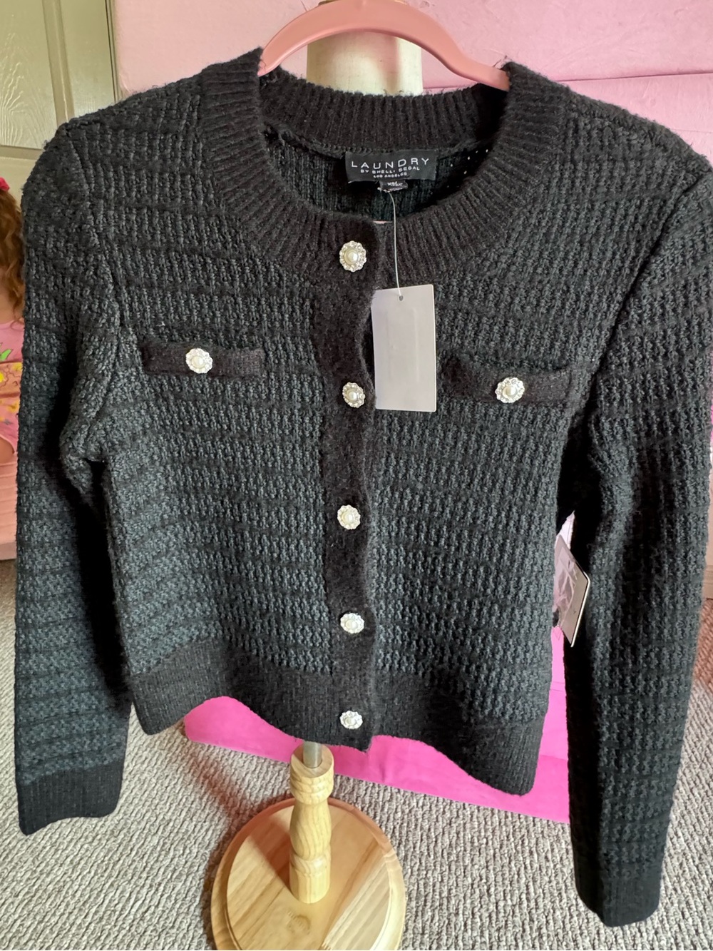 Laundry By Shelli Segal Black Textured Knit Cardigan with Decorative Buttons